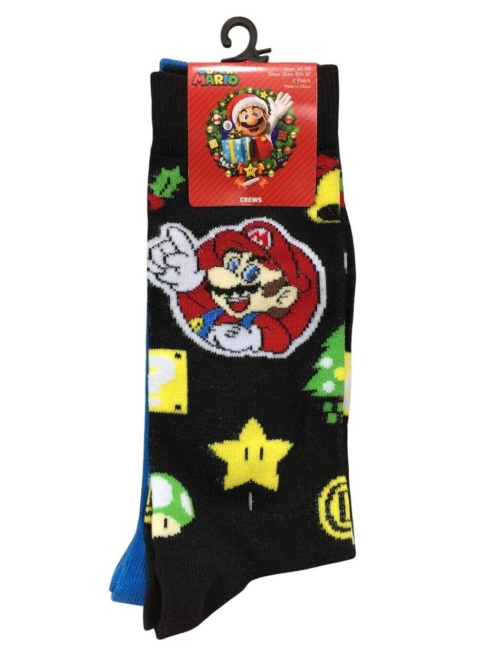 Super Mario Christmas Socks 2 Pairs Black w/ Mario & Blue w/ Green/Red Mushrooms